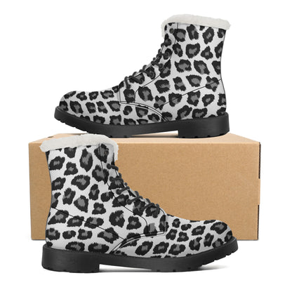 Snow Leopard Women's Faux Fur Leather Boots, Vegan Lace Up Animal Black White Print Hiking Black Ankle Combat Winter Shoes Starcove Fashion