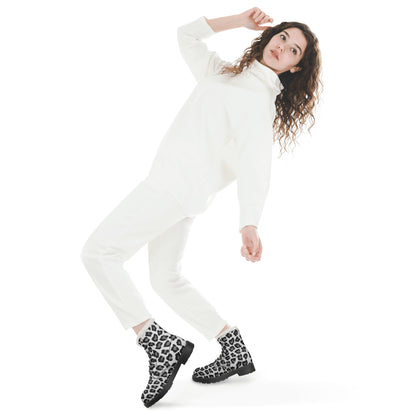 Snow Leopard Women's Faux Fur Leather Boots, Vegan Lace Up Animal Black White Print Hiking Black Ankle Combat Winter Shoes Starcove Fashion