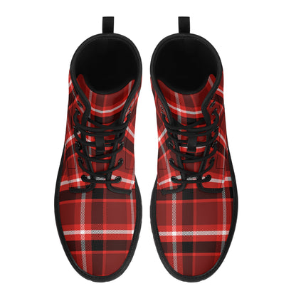 Red Plaid Women Leather Boots, Vegan Lace Up Shoes Hiking Tartan Black Ankle Combat Winter Waterproof Custom Starcove Fashion
