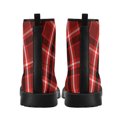 Red Plaid Women Leather Boots, Vegan Lace Up Shoes Hiking Tartan Black Ankle Combat Winter Waterproof Custom Starcove Fashion