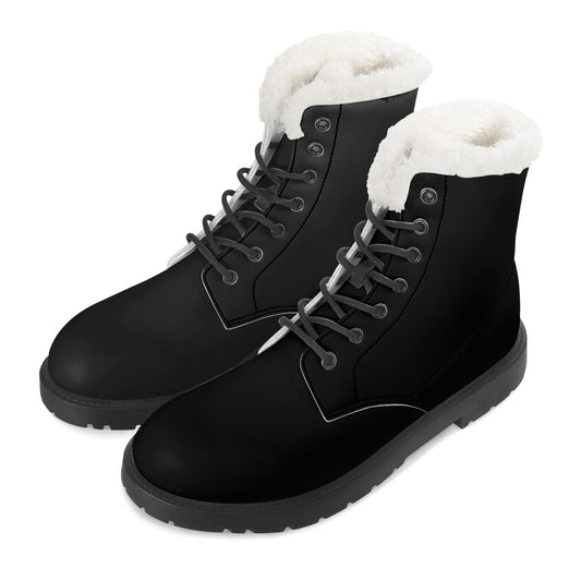 Black Men Fleece Lined Leather Boots, Vegan Faux Fur Lace Up Shoes Hiking Festival Ankle Combat Work Winter Waterproof Custom Starcove Fashion