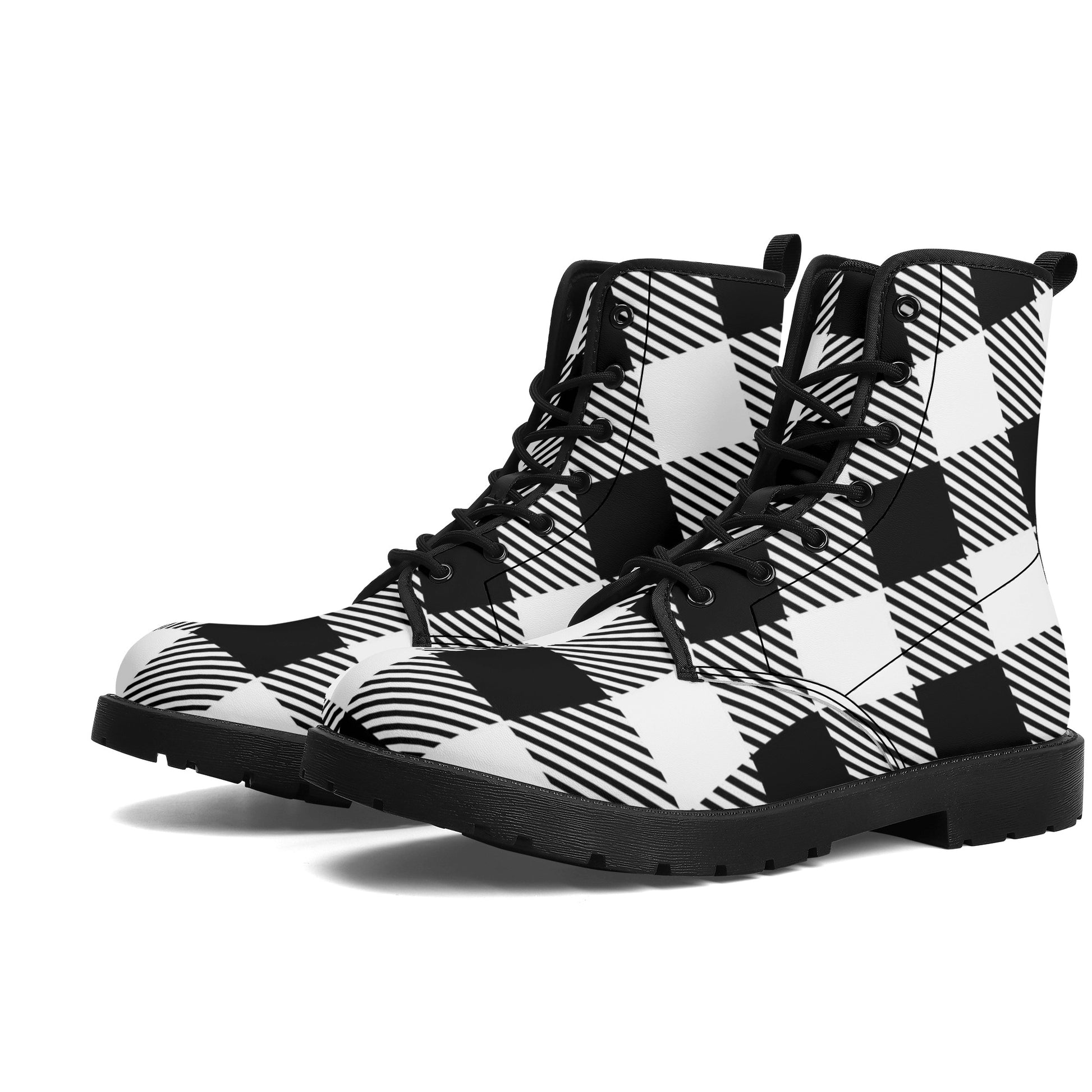 Black White Buffalo Plaid Women Leather Boots, Check Vegan Lace Up Shoes Hiking Festival Ankle Combat Work Winter Waterproof Custom Starcove Fashion