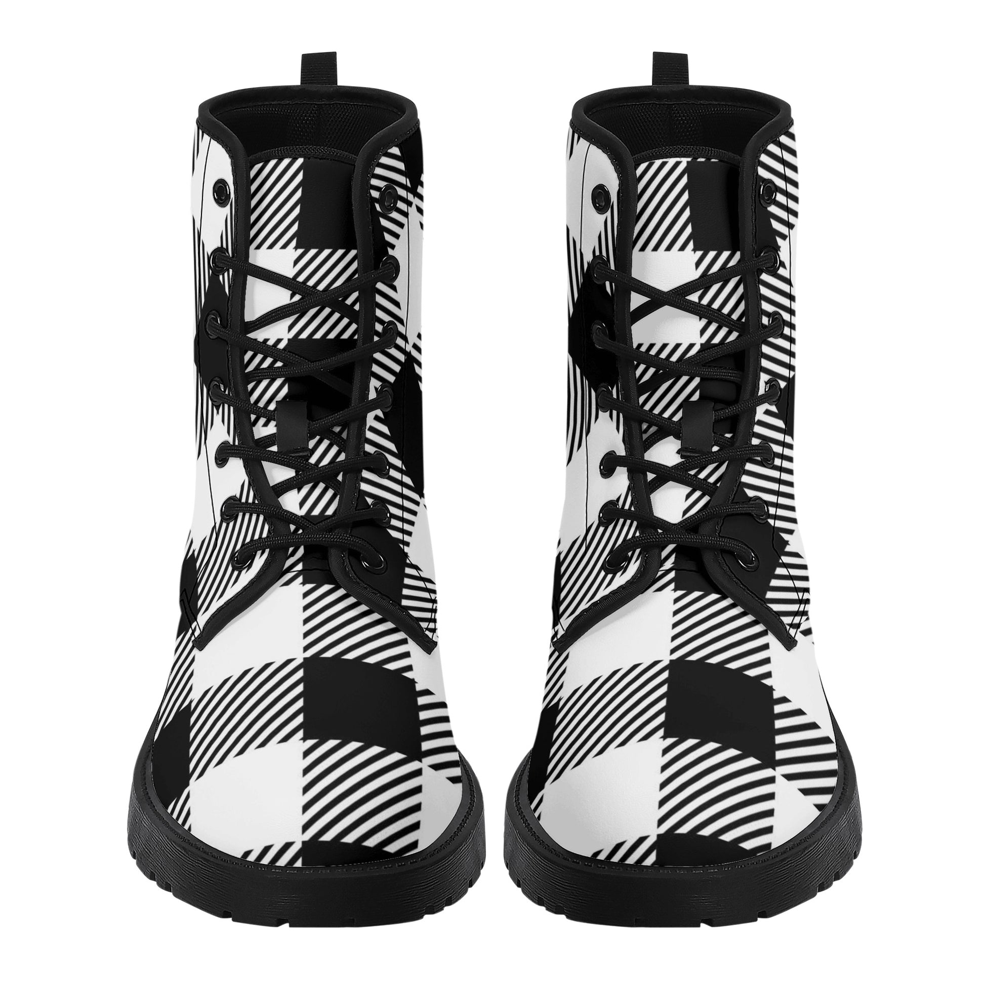 Black White Buffalo Plaid Women Leather Boots, Check Vegan Lace Up Shoes Hiking Festival Ankle Combat Work Winter Waterproof Custom Starcove Fashion