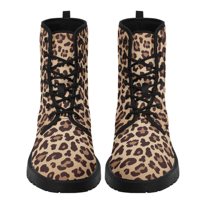 Leopard Men Leather Boots, Animal Print Cheetah Vegan Lace Up Shoes Hiking Festival Black Ankle Combat Work Winter Waterproof Custom Gift Starcove Fashion