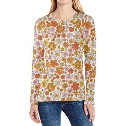 Groovy Flowers Women's Long Sleeve T Shirt, Retro Vintage Floral 70s Funky Designer Graphic Aesthetic Crew Neck Tee Starcove Fashion