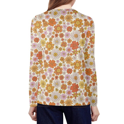 Groovy Flowers Women's Long Sleeve T Shirt, Retro Vintage Floral 70s Funky Designer Graphic Aesthetic Crew Neck Tee Starcove Fashion