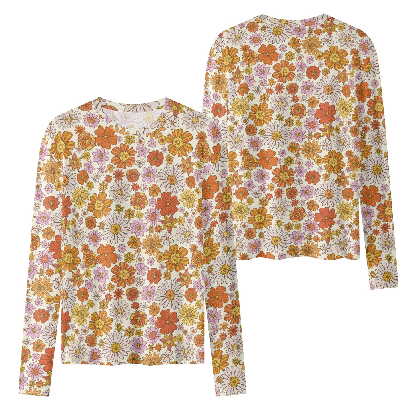 Groovy Flowers Women's Long Sleeve T Shirt, Retro Vintage Floral 70s Funky Designer Graphic Aesthetic Crew Neck Tee Starcove Fashion