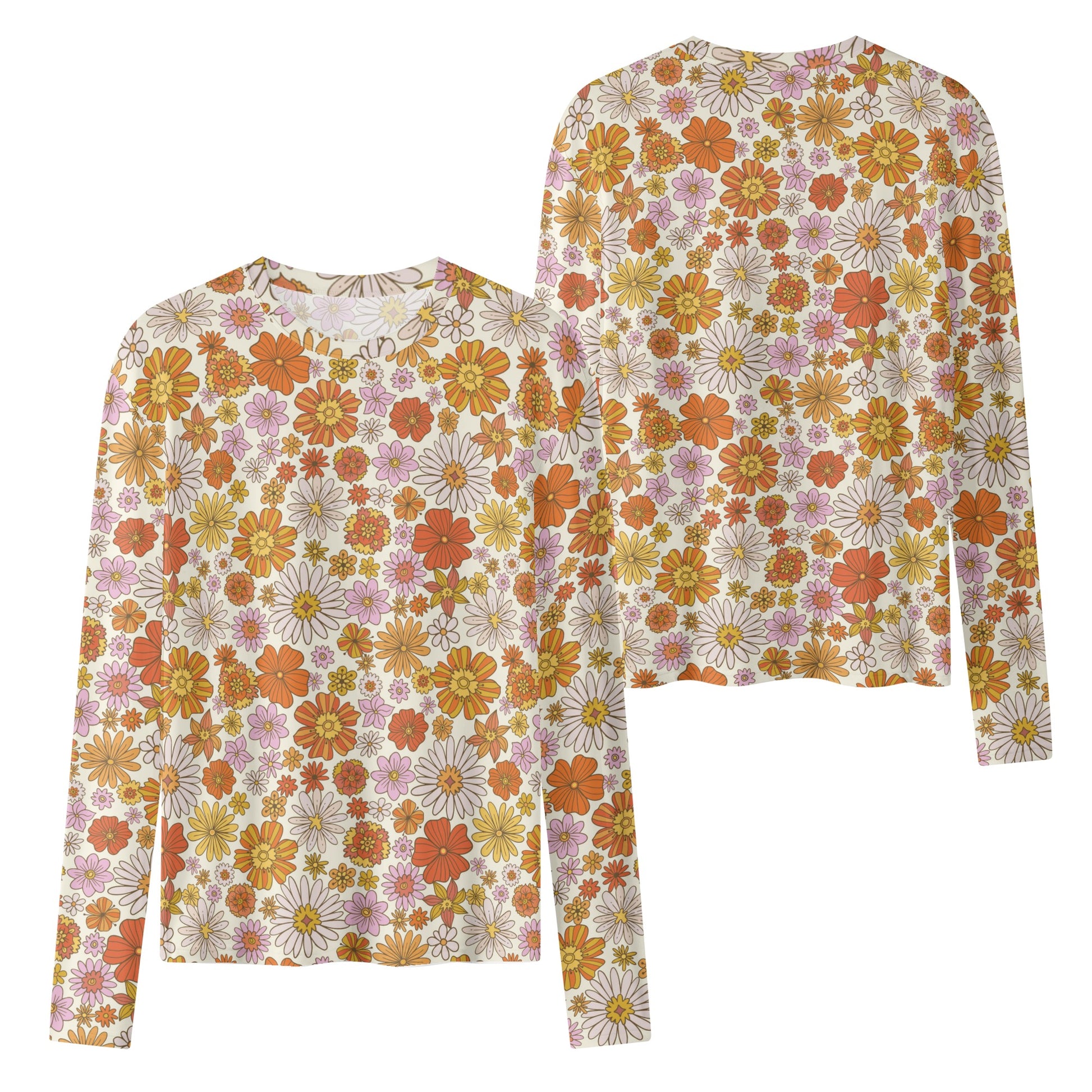 Groovy Flowers Women's Long Sleeve T Shirt, Retro Vintage Floral 70s Funky Designer Graphic Aesthetic Crew Neck Tee Starcove Fashion