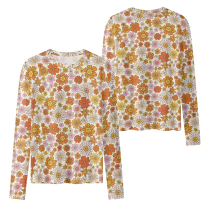 Groovy Flowers Women's Long Sleeve T Shirt, Retro Vintage Floral 70s Funky Designer Graphic Aesthetic Crew Neck Tee Starcove Fashion
