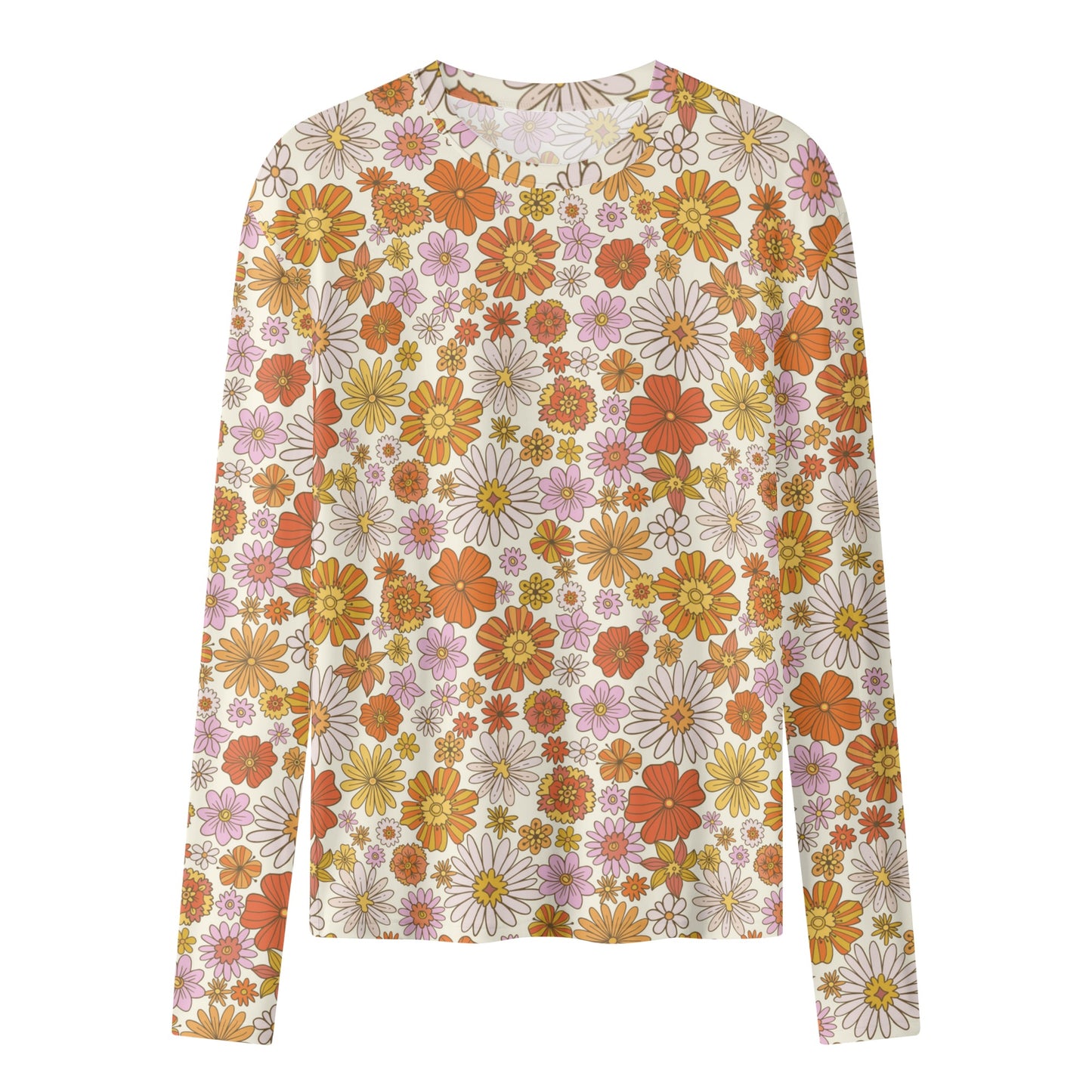 Groovy Flowers Women's Long Sleeve T Shirt, Retro Vintage Floral 70s Funky Designer Graphic Aesthetic Crew Neck Tee Starcove Fashion