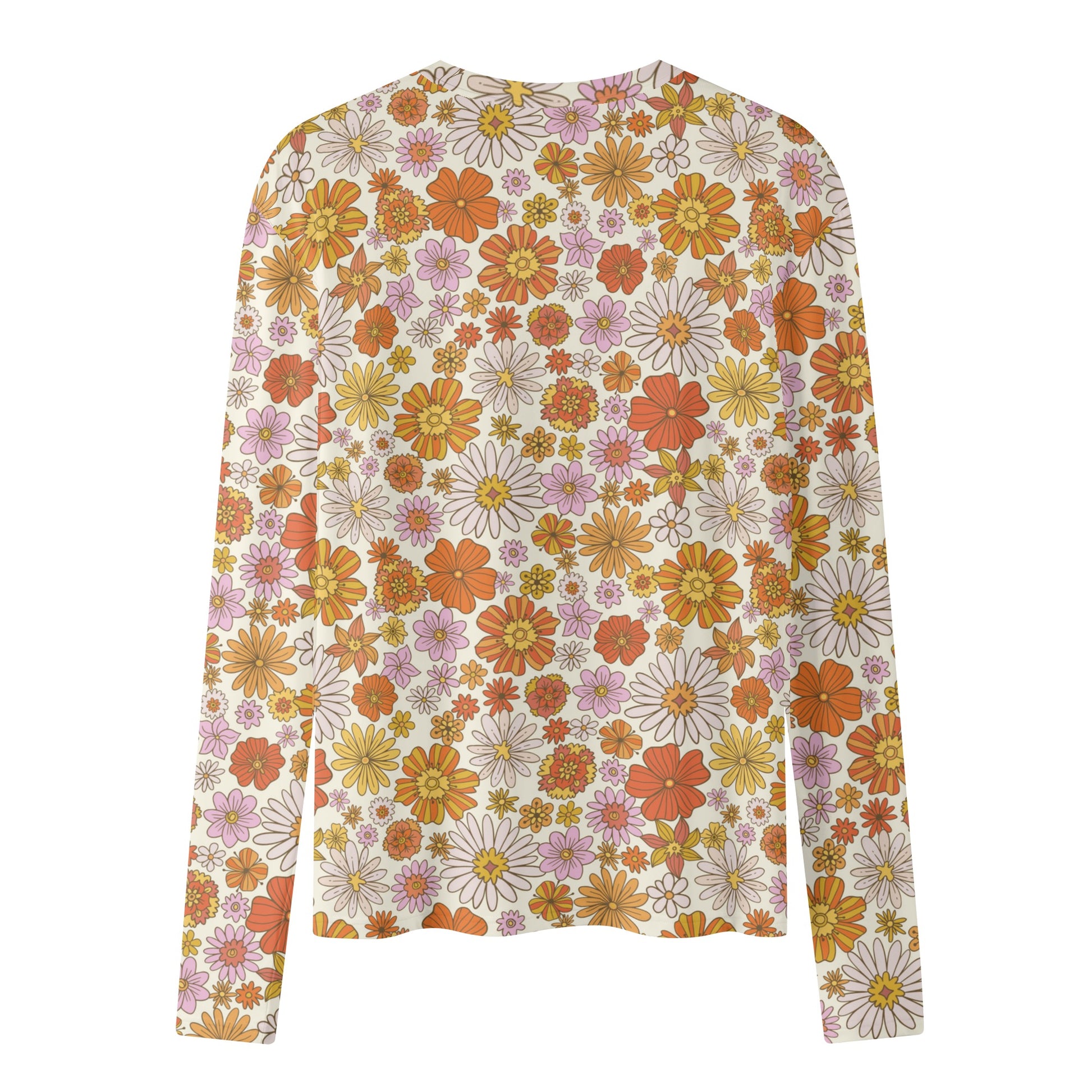 Groovy Flowers Women's Long Sleeve T Shirt, Retro Vintage Floral 70s Funky Designer Graphic Aesthetic Crew Neck Tee Starcove Fashion