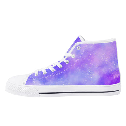 Purple Galaxy Women High Top Shoes, Pink Cosmos Universe Lace Up Sneakers Footwear White Canvas Streetwear Girls Designer Gift Idea