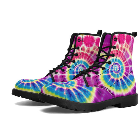 Tie Dye Women Leather Boots, Hippie Purple Vegan Lace Up Shoes Festival Black Ankle Combat Rave Winter Waterproof Custom Gift Starcove Fashion