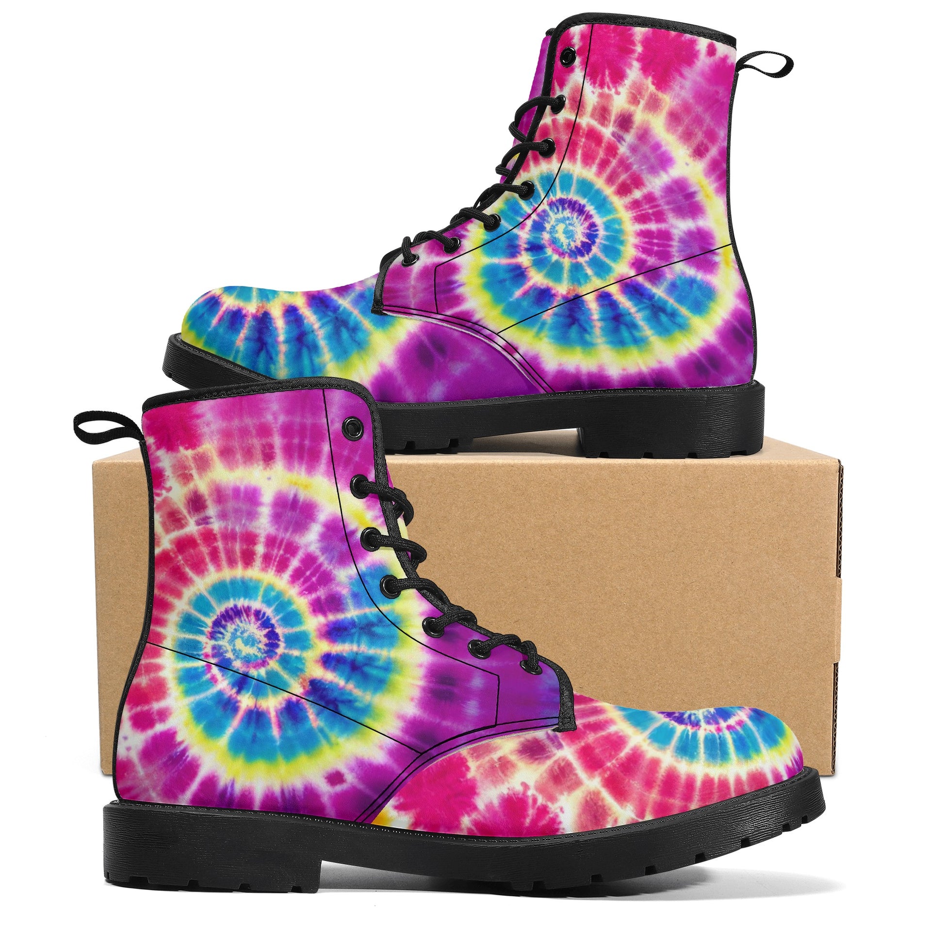 Tie Dye Women Leather Boots, Hippie Purple Vegan Lace Up Shoes Festival Black Ankle Combat Rave Winter Waterproof Custom Gift Starcove Fashion