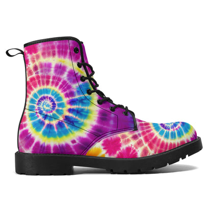 Tie Dye Women Leather Boots, Hippie Purple Vegan Lace Up Shoes Festival Black Ankle Combat Rave Winter Waterproof Custom Gift