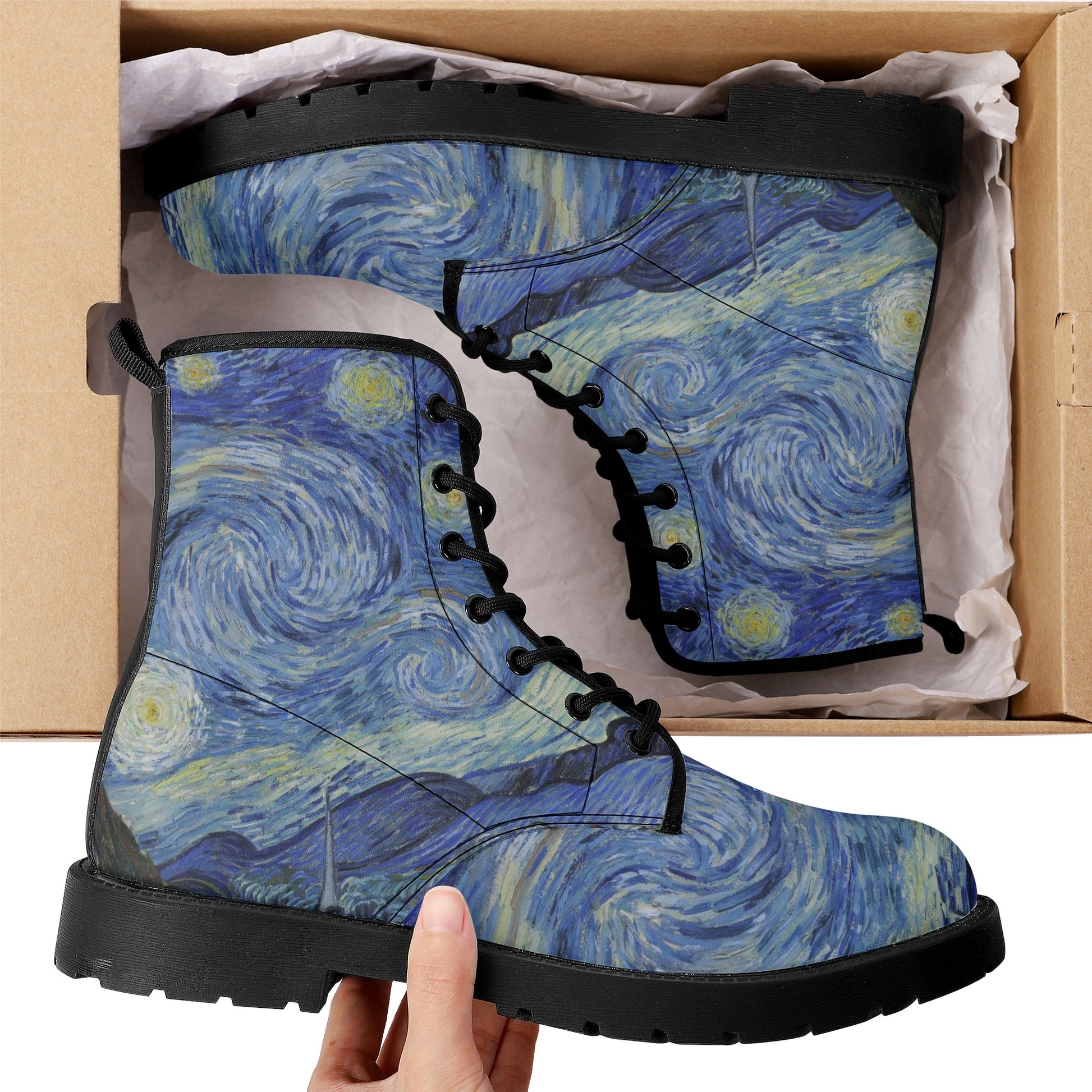Starry Night Women Leather Boots, Blue Van Gogh Vegan Lace Up Shoes Hiking Festival Black Ankle Combat Work Winter Waterproof Custom Gift Starcove Fashion