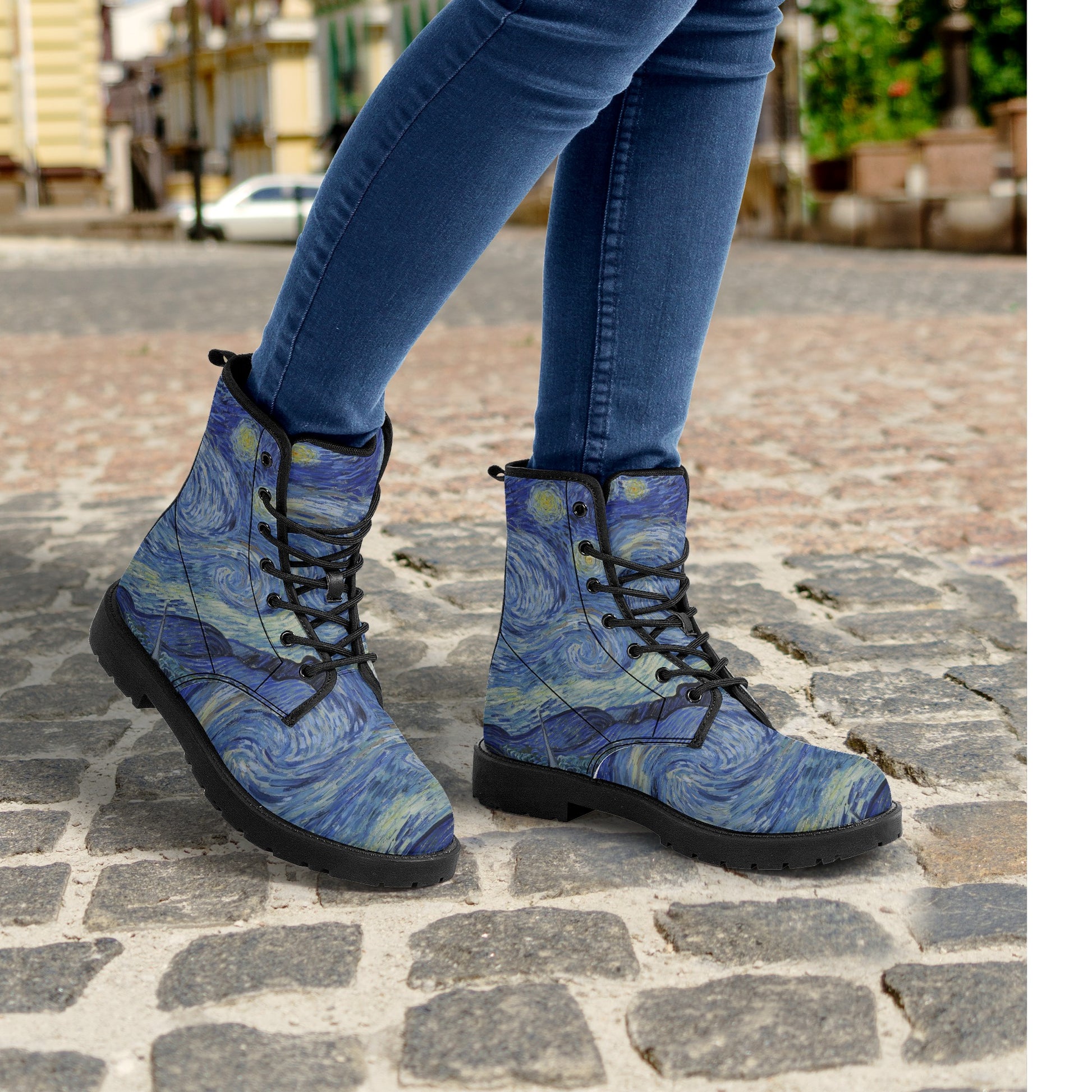 Starry Night Women Leather Boots, Blue Van Gogh Vegan Lace Up Shoes Hiking Festival Black Ankle Combat Work Winter Waterproof Custom Gift Starcove Fashion