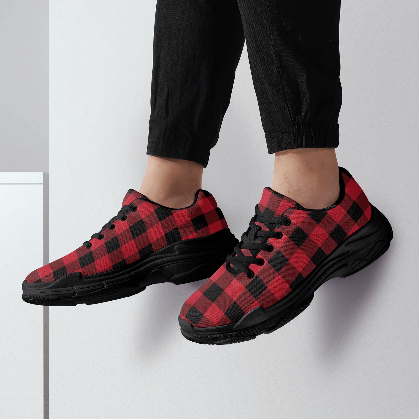 Red Buffalo Plaid Men's Chunky Shoes, Black Checkered Lace Up Exercise Unique Designer Custom Canvas Casual Streetwear Sneakers