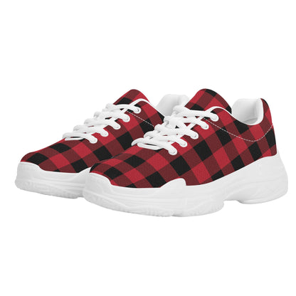 Red Buffalo Plaid Men's Chunky Shoes, Black Checkered Lace Up Exercise Unique Designer Custom Canvas Casual Streetwear Sneakers