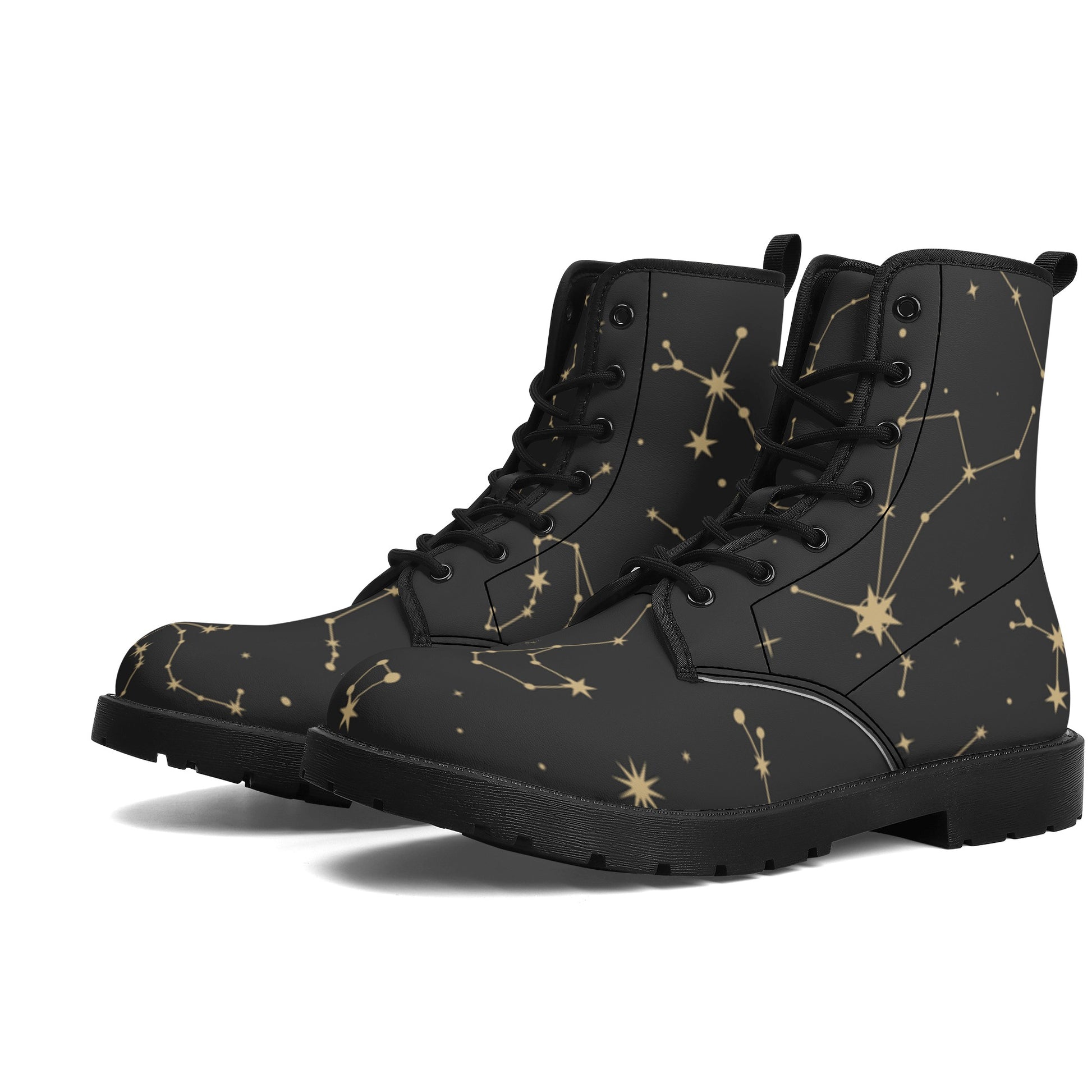 Constellation Women Leather Boots, Stars Space Vegan Lace Up Shoes Hiking Festival Black Ankle Combat Work Winter Waterproof Custom Ladies Starcove Fashion