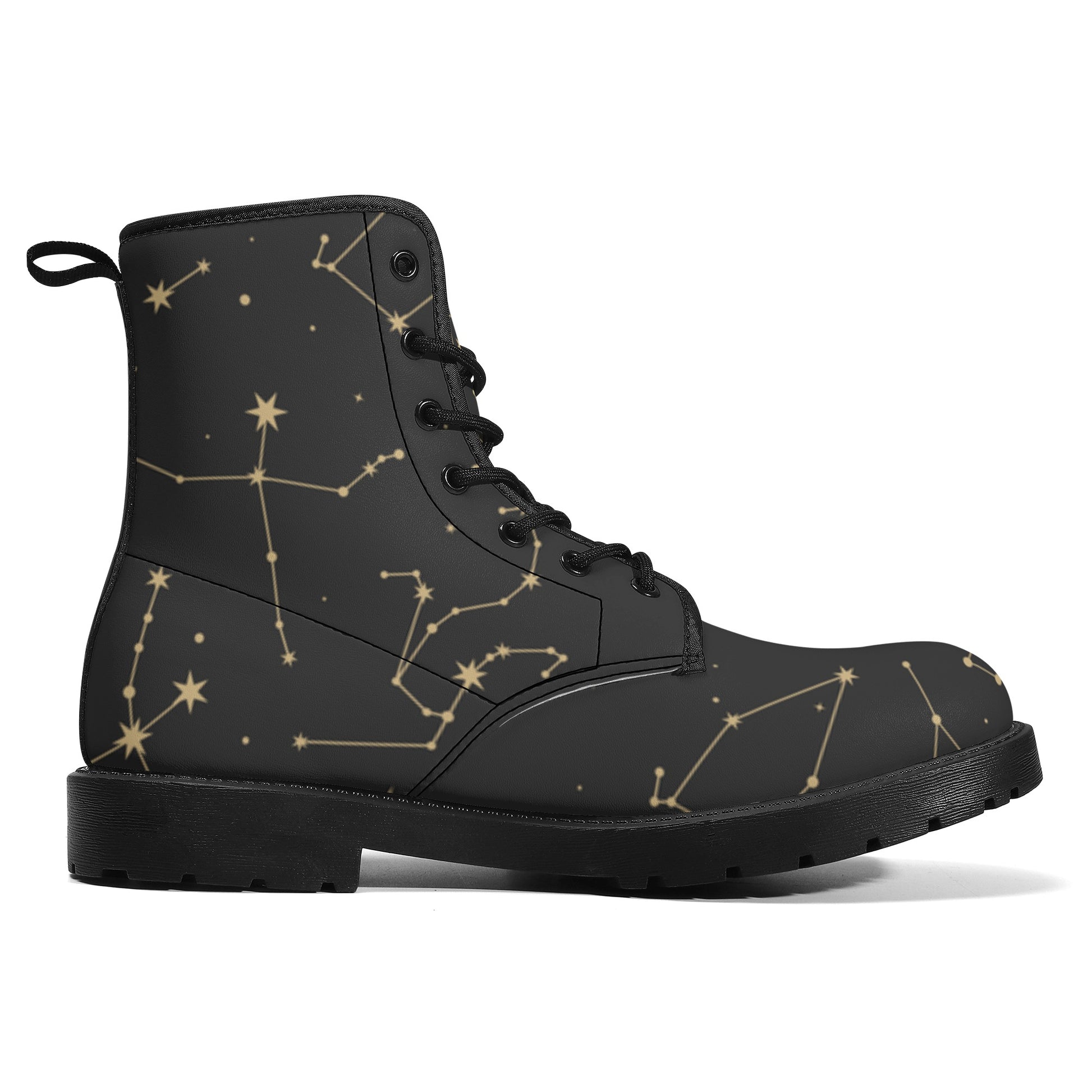 Constellation Women Leather Boots, Stars Space Vegan Lace Up Shoes Hiking Festival Black Ankle Combat Work Winter Waterproof Custom Ladies Starcove Fashion