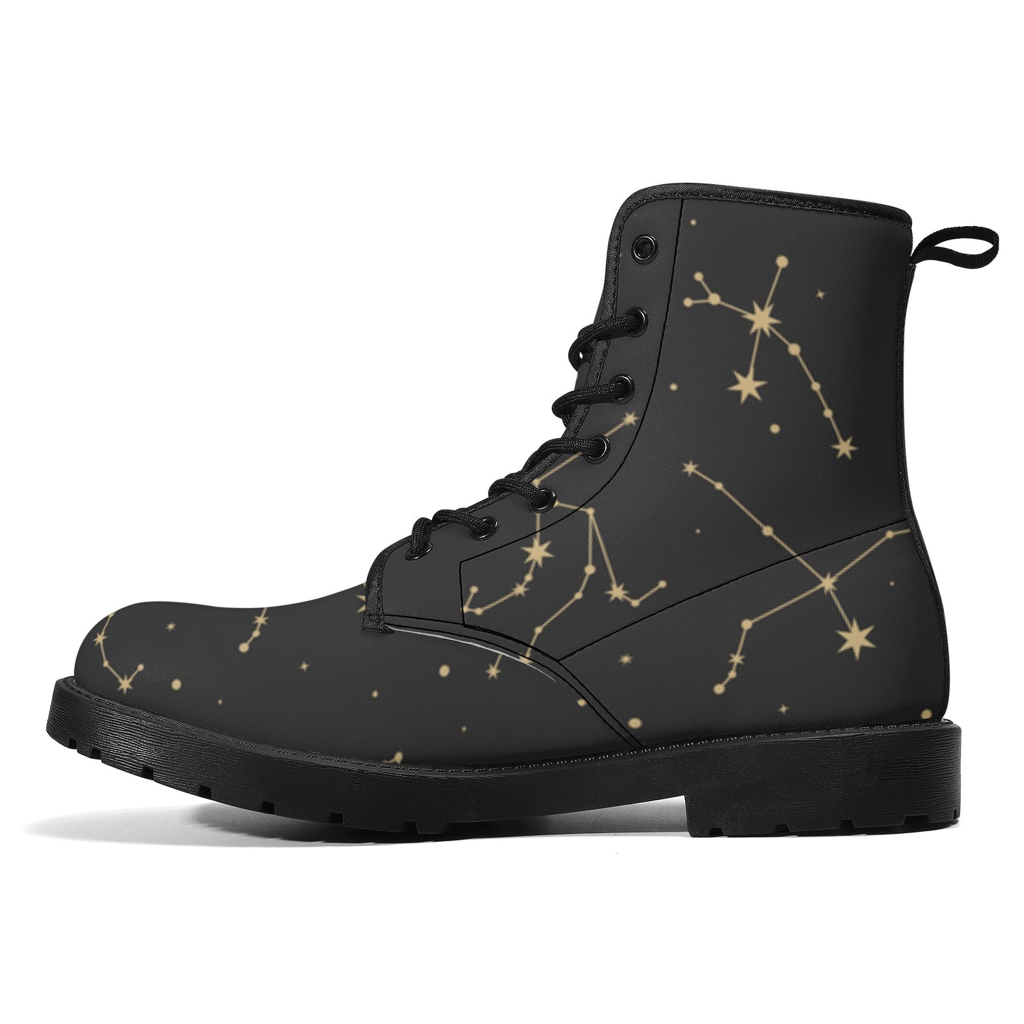 Constellation Women Leather Boots, Stars Space Vegan Lace Up Shoes Hiking Festival Black Ankle Combat Work Winter Waterproof Custom Ladies