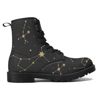 Constellation Women Leather Boots, Stars Space Vegan Lace Up Shoes Hiking Festival Black Ankle Combat Work Winter Waterproof Custom Ladies