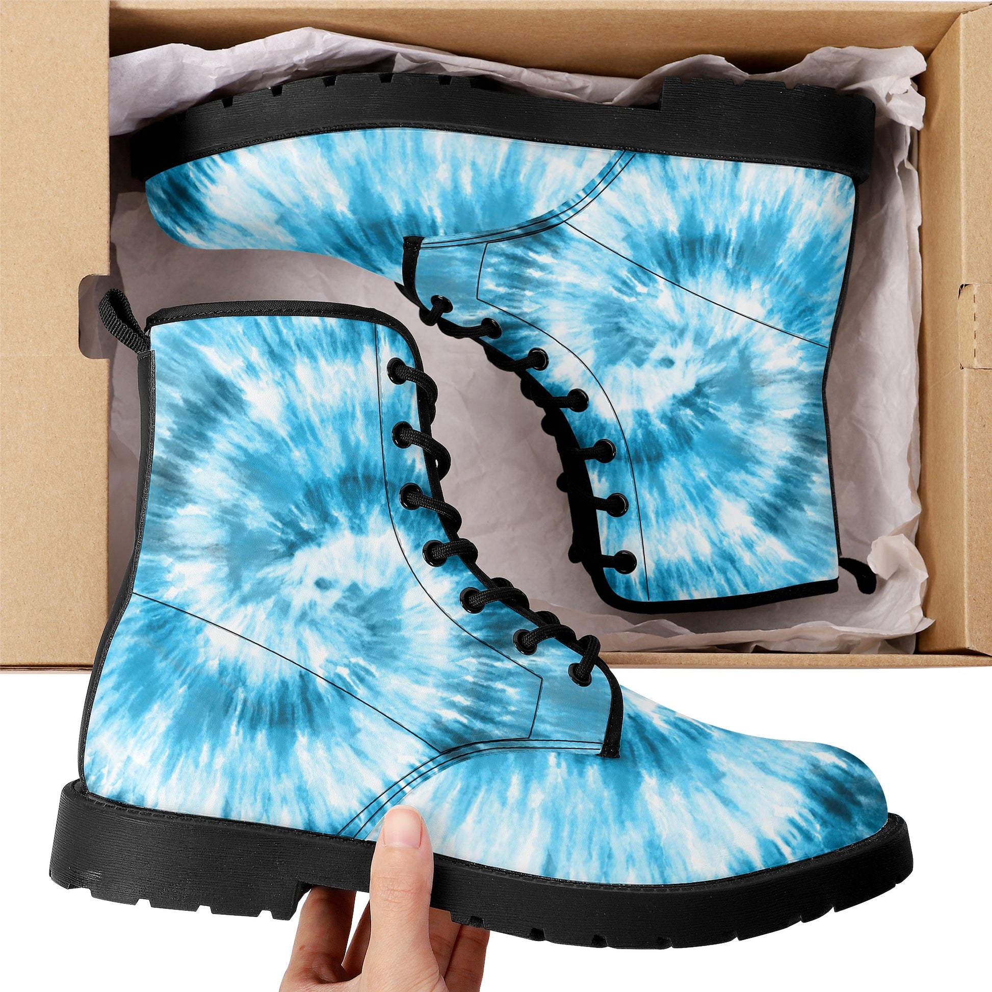 Tie Dye Women Leather Boots, Blue Vegan Lace Up Shoes Festival Black Ankle Combat Rave Winter Waterproof Custom Gift Starcove Fashion