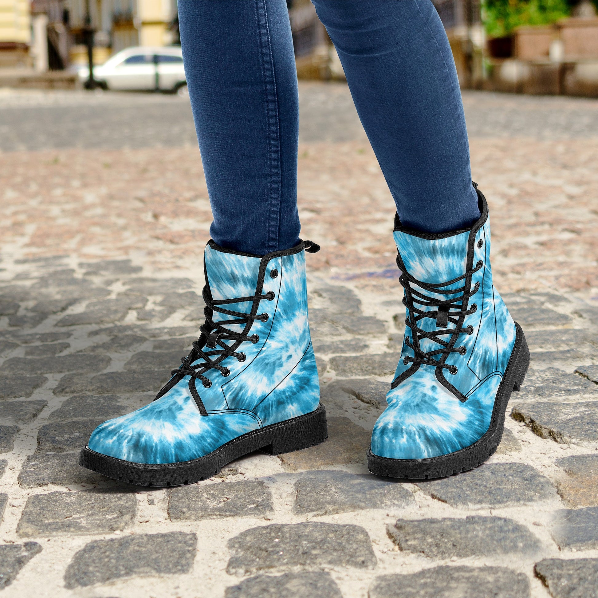 Tie Dye Women Leather Boots, Blue Vegan Lace Up Shoes Festival Black Ankle Combat Rave Winter Waterproof Custom Gift Starcove Fashion