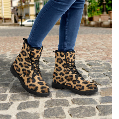 Leopard Print Women Leather Boots, Animal Cheetah Vegan Lace Up Shoes Hiking Festival Black Ankle Combat Work Winter Waterproof Custom Gift