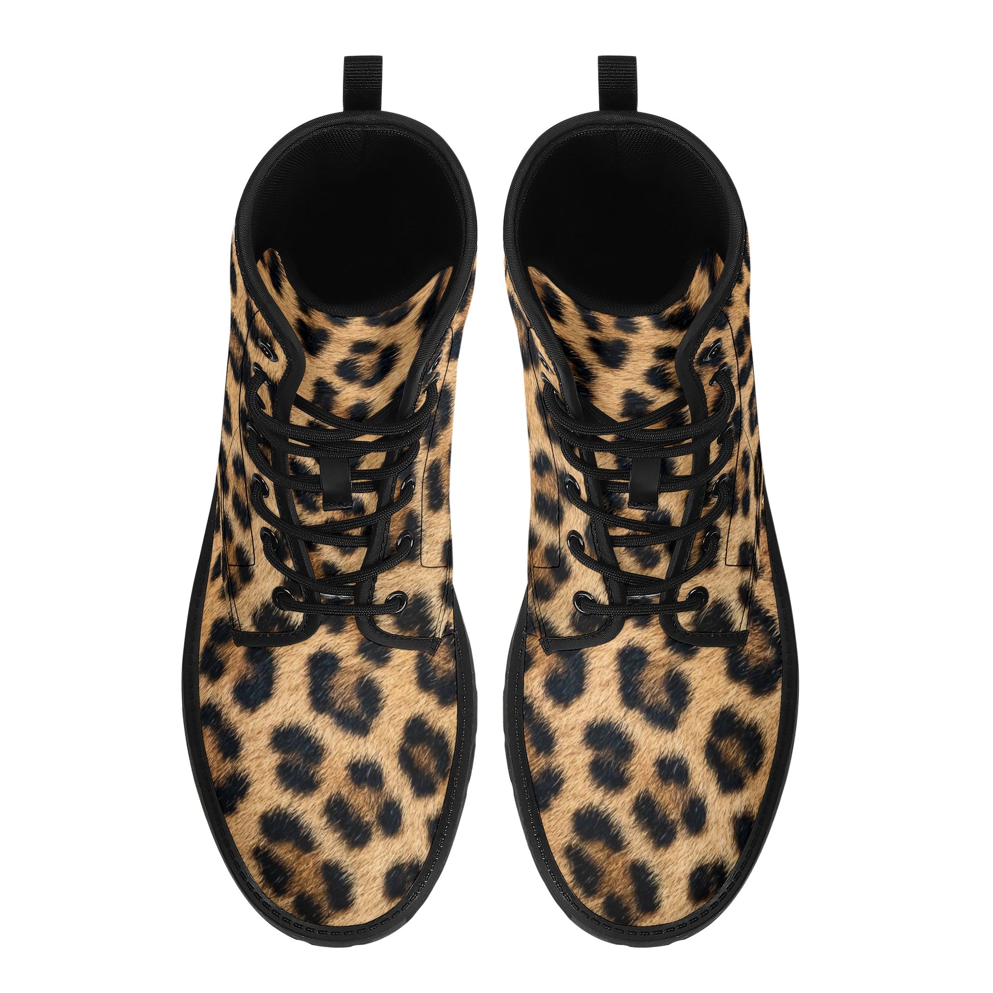 Leopard Print Women Leather Boots, Animal Cheetah Vegan Lace Up Shoes Hiking Festival Black Ankle Combat Work Winter Waterproof Custom Gift Starcove Fashion