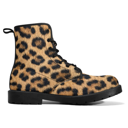 Leopard Print Women Leather Boots, Animal Cheetah Vegan Lace Up Shoes Hiking Festival Black Ankle Combat Work Winter Waterproof Custom Gift