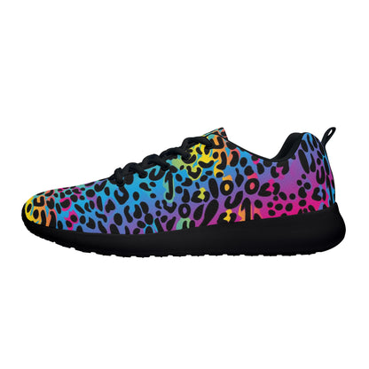 Rainbow Leopard Women's  Athletic Sneakers, Mesh Lace Up Shoe Canvas Print Designer Running Gym Shoes