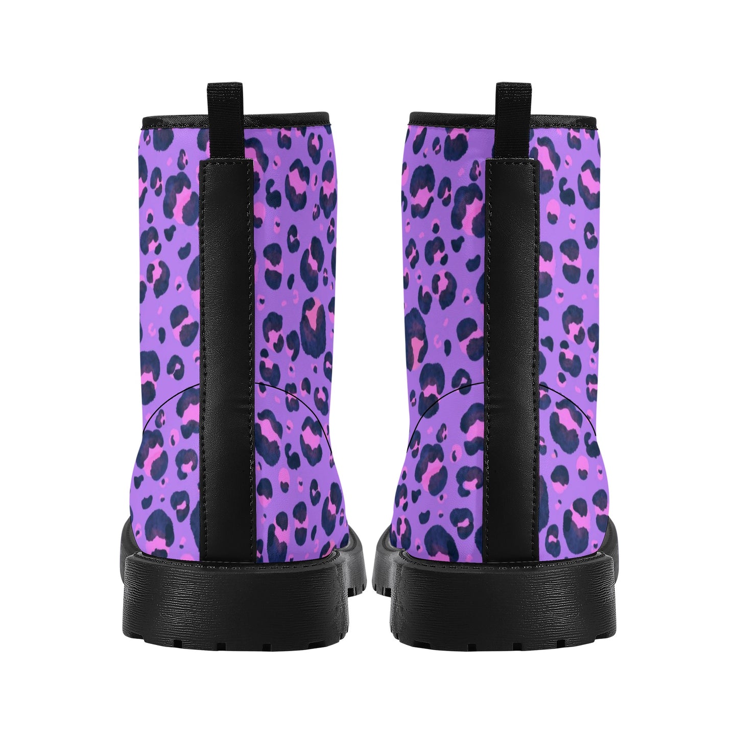 Purple Leopard Women Leather Boots, Animal Print Vegan Lace Up Shoes Hiking Festival Black Ankle Combat Work Winter Waterproof Custom Ladies
