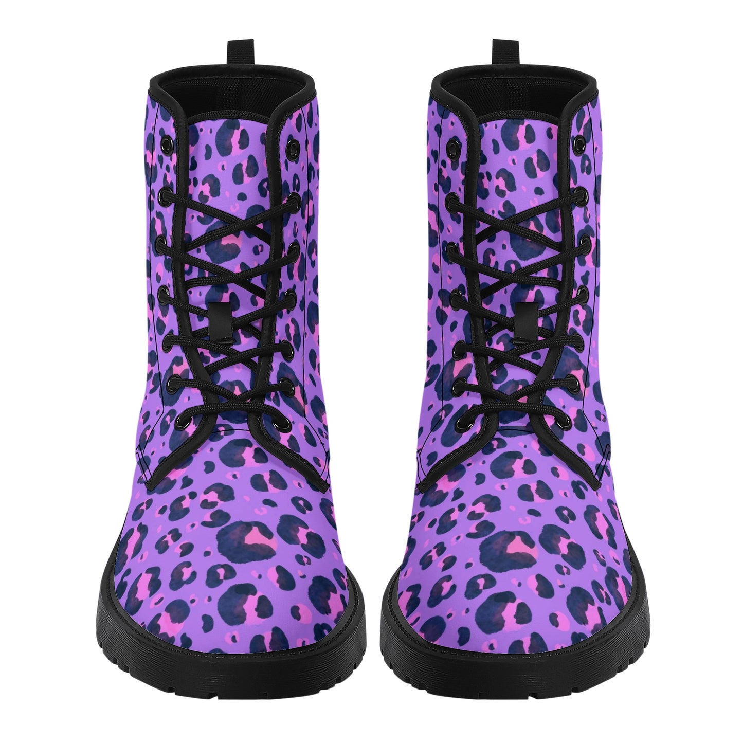 Purple Leopard Women Leather Boots, Animal Print Vegan Lace Up Shoes Hiking Festival Black Ankle Combat Work Winter Waterproof Custom Ladies