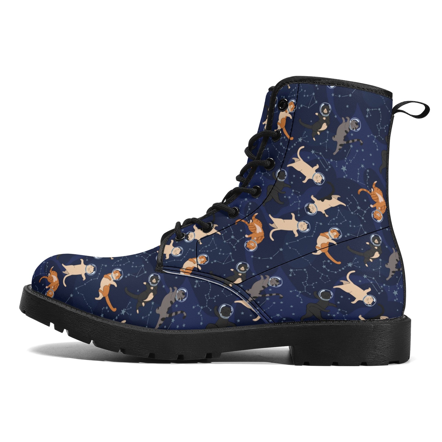 Galaxy Cats in Space Women Leather Boots, Constellation Vegan Lace Up Shoes Hiking Festival Black Ankle Combat Work Waterproof Custom Ladies