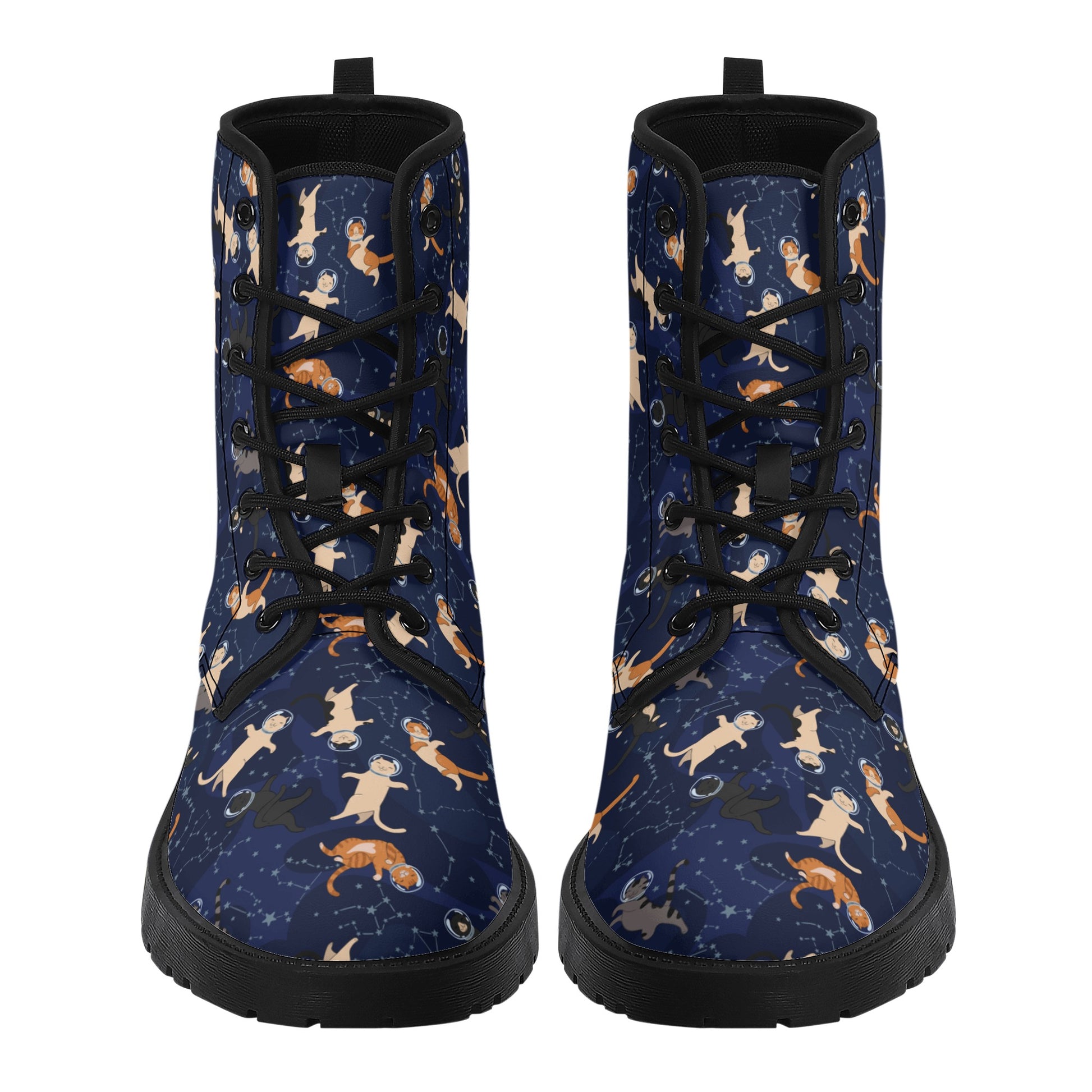 Galaxy Cats in Space Women Leather Boots, Constellation Vegan Lace Up Shoes Hiking Festival Black Ankle Combat Work Waterproof Custom Ladies Starcove Fashion