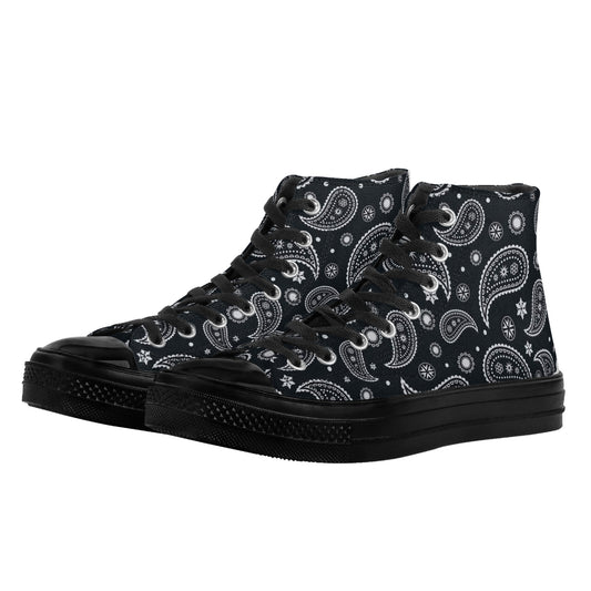Black Bandana Men High Top Shoes, Paisley Lace Up Sneakers Footwear Rave Canvas Streetwear Designer Gift Idea Starcove Fashion