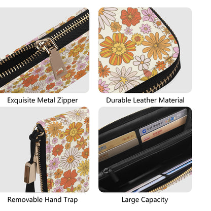 Orange Floral Wristlet Women, Retro Flowers 70s Wallet Clutch Purse Print Vegan Leather Pockets Zipper Evening Modern Bag Strap Ladies
