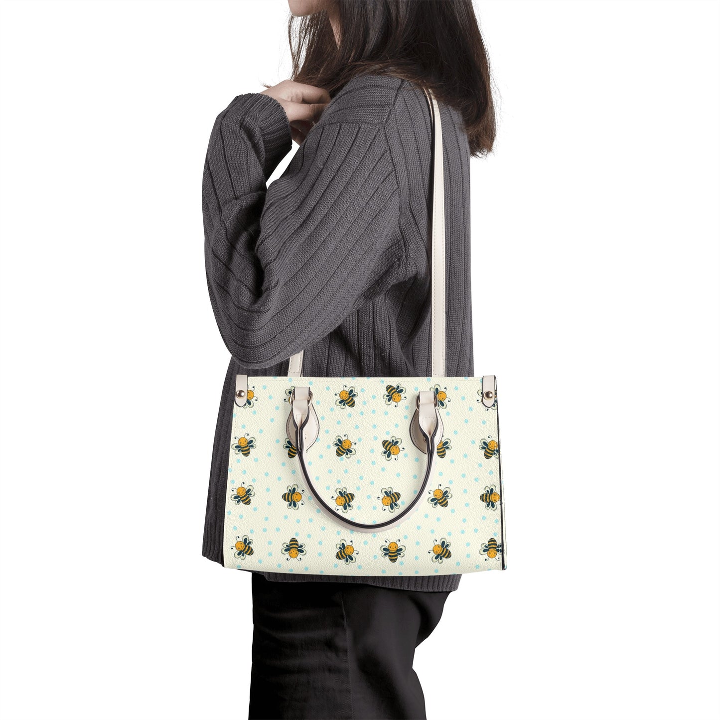 Honey Bee Shoulder Purse, Cute Bumble Yellow White Vegan Leather Top Handle Handbag Print Small Bag Women Ladies Designer Starcove Fashion
