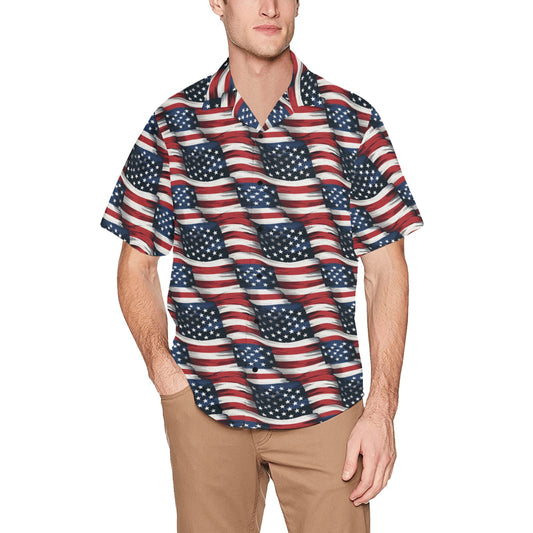 American Flag Hawaiian shirt Chest Pocket, Fourth 4th of July USA Patriotic Red White Blue Summer Hawaii Aloha Plus Size Button Down Shirt