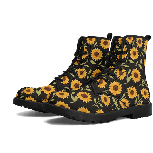 Sunflower Women Leather Boots, Yellow Flowers Floral Vegan Lace Up Shoes Hiking Black Ankle Combat Work Winter Waterproof Custom Ladies Starcove Fashion