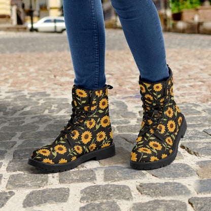 Sunflower Women Leather Boots, Yellow Flowers Floral Vegan Lace Up Shoes Hiking Black Ankle Combat Work Winter Waterproof Custom Ladies