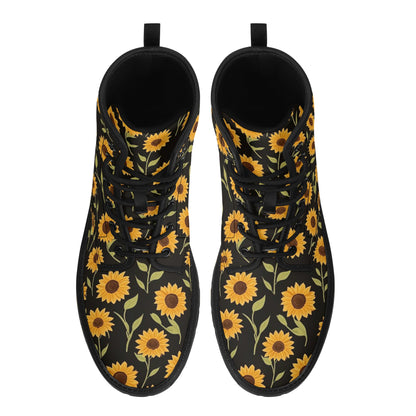Sunflower Women Leather Boots, Yellow Flowers Floral Vegan Lace Up Shoes Hiking Black Ankle Combat Work Winter Waterproof Custom Ladies Starcove Fashion