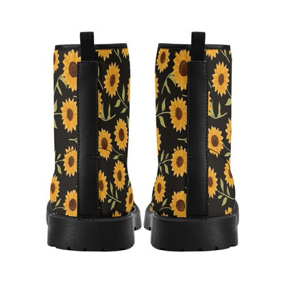 Sunflower Women Leather Boots, Yellow Flowers Floral Vegan Lace Up Shoes Hiking Black Ankle Combat Work Winter Waterproof Custom Ladies