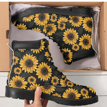 Sunflower Women Leather Boots, Yellow Flowers Floral Vegan Lace Up Shoes Hiking Festival Black Ankle Work Winter Waterproof Custom Ladies