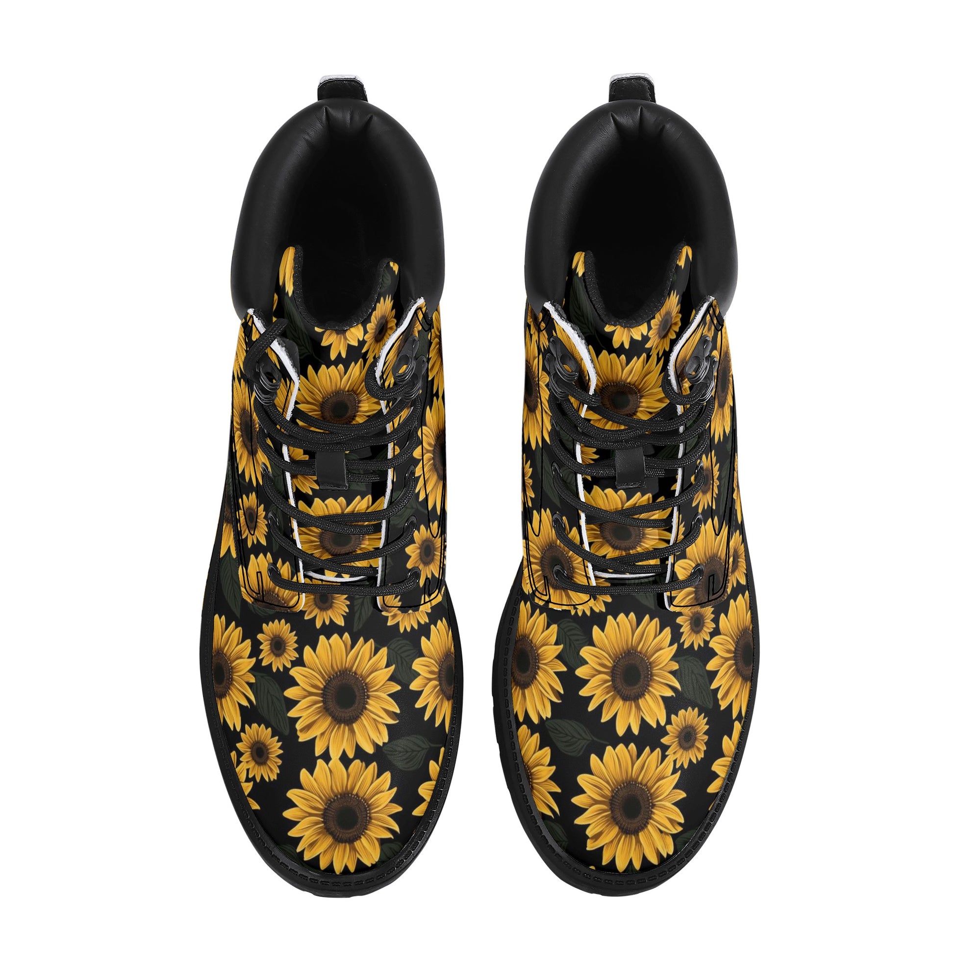 Sunflower Women Leather Boots, Yellow Flowers Floral Vegan Lace Up Shoes Hiking Festival Black Ankle Work Winter Waterproof Custom Ladies Starcove Fashion