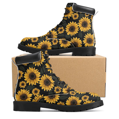 Sunflower Women Leather Boots, Yellow Flowers Floral Vegan Lace Up Shoes Hiking Festival Black Ankle Work Winter Waterproof Custom Ladies Starcove Fashion