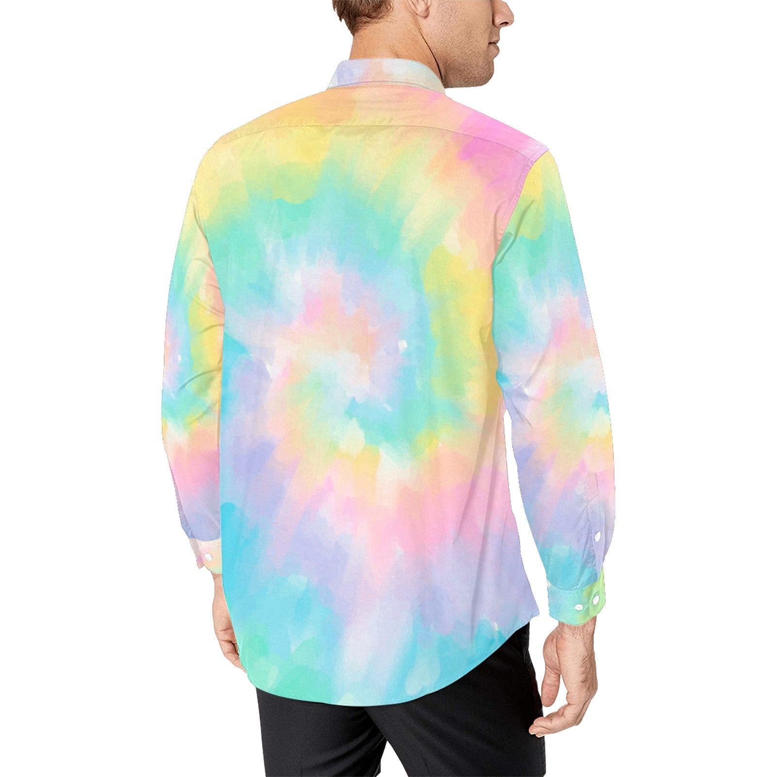 Pastel Tie Dye Long Sleeve Men Button Up Shirt, Rainbow Groovy Spiral