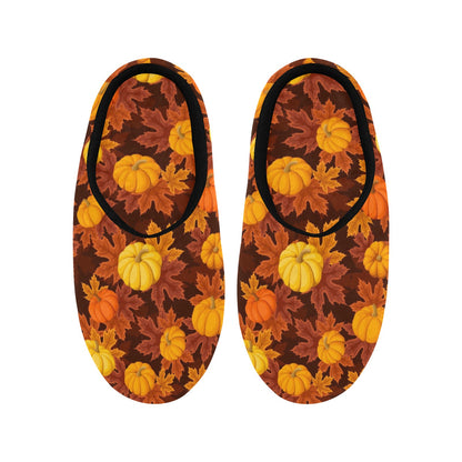 Pumpkins Women's Slippers, Fall Leaves Autumn Ladies House Slide Cute Handmade Bedroom Warm Winter Cozy Designer Slip On Cotton Shoes